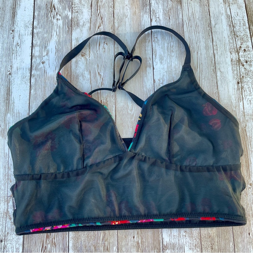 Satin and Fine Mesh Black Bralette Tropical Floral Print Longline Crop Small GUC - Picture 7 of 10
